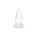 Clear glass cone-shaped anal plug on a white background