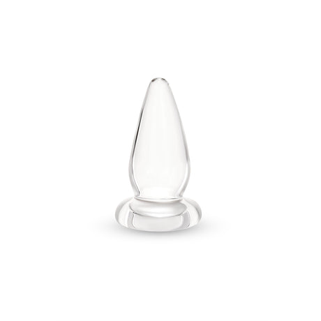 Clear glass cone-shaped anal plug on a white background