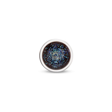 Close-up of the rounded handle, highlighting the cosmic black-and-sparkle design encased in smooth glass.