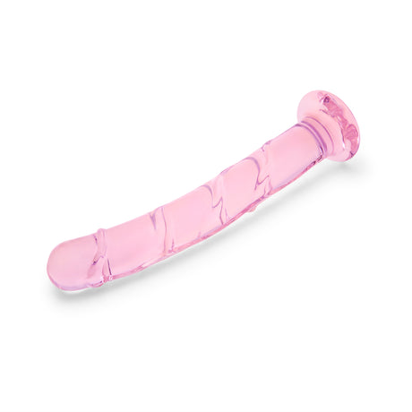 Pink Textured Glass Dildo on a white background