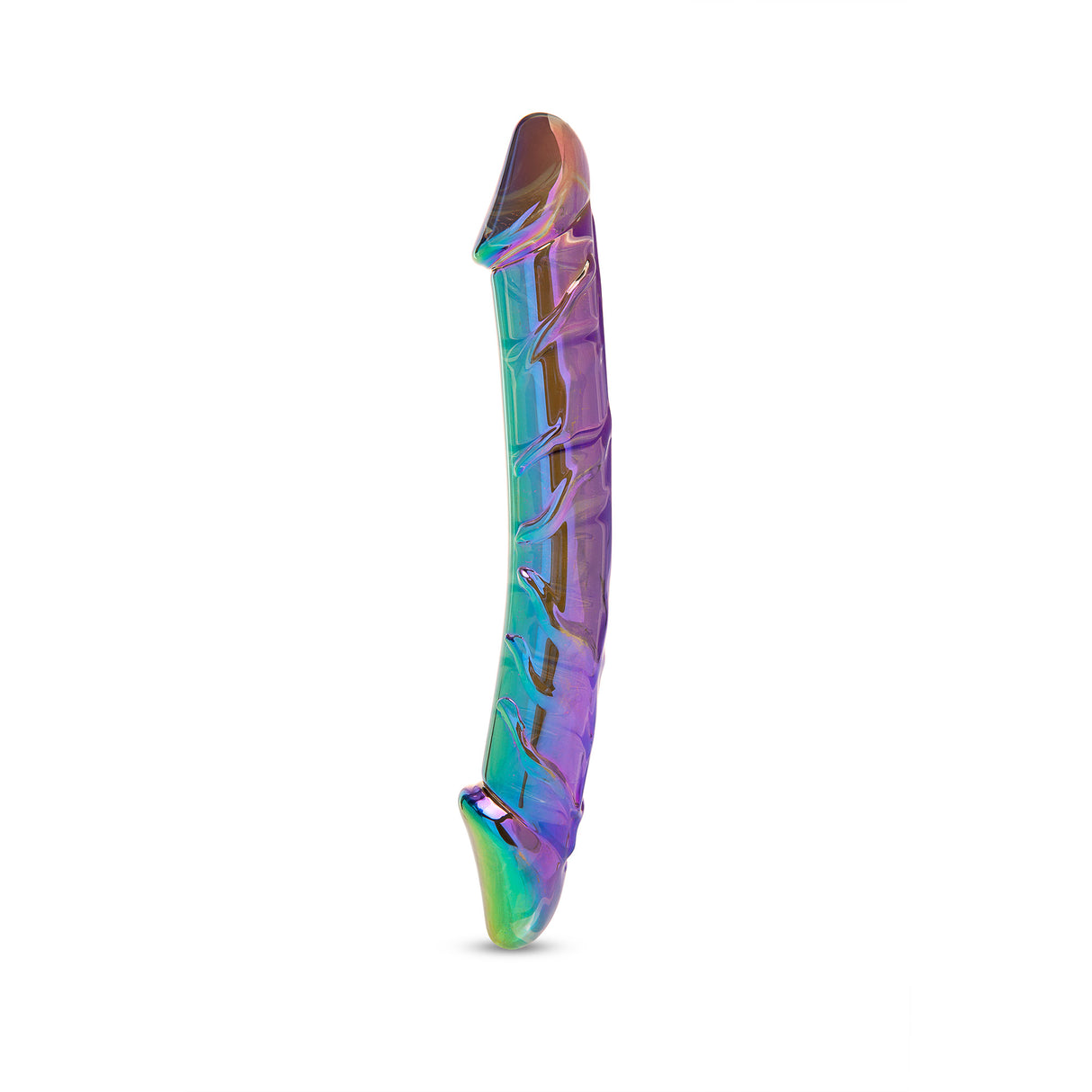Multicolored, iridescent Dual-Ended Glass Dildo on a white background