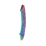 Multicolored, iridescent Dual-Ended Glass Dildo on a white background