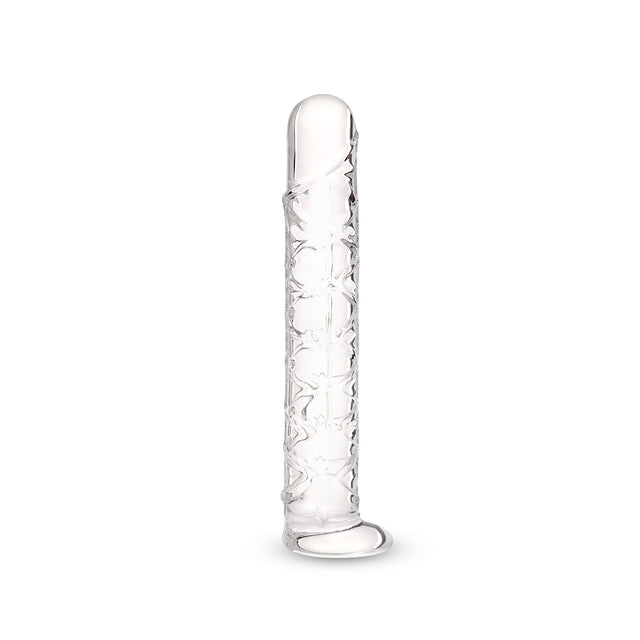 Clear glass Long Textured Glass Dildo  on a white background