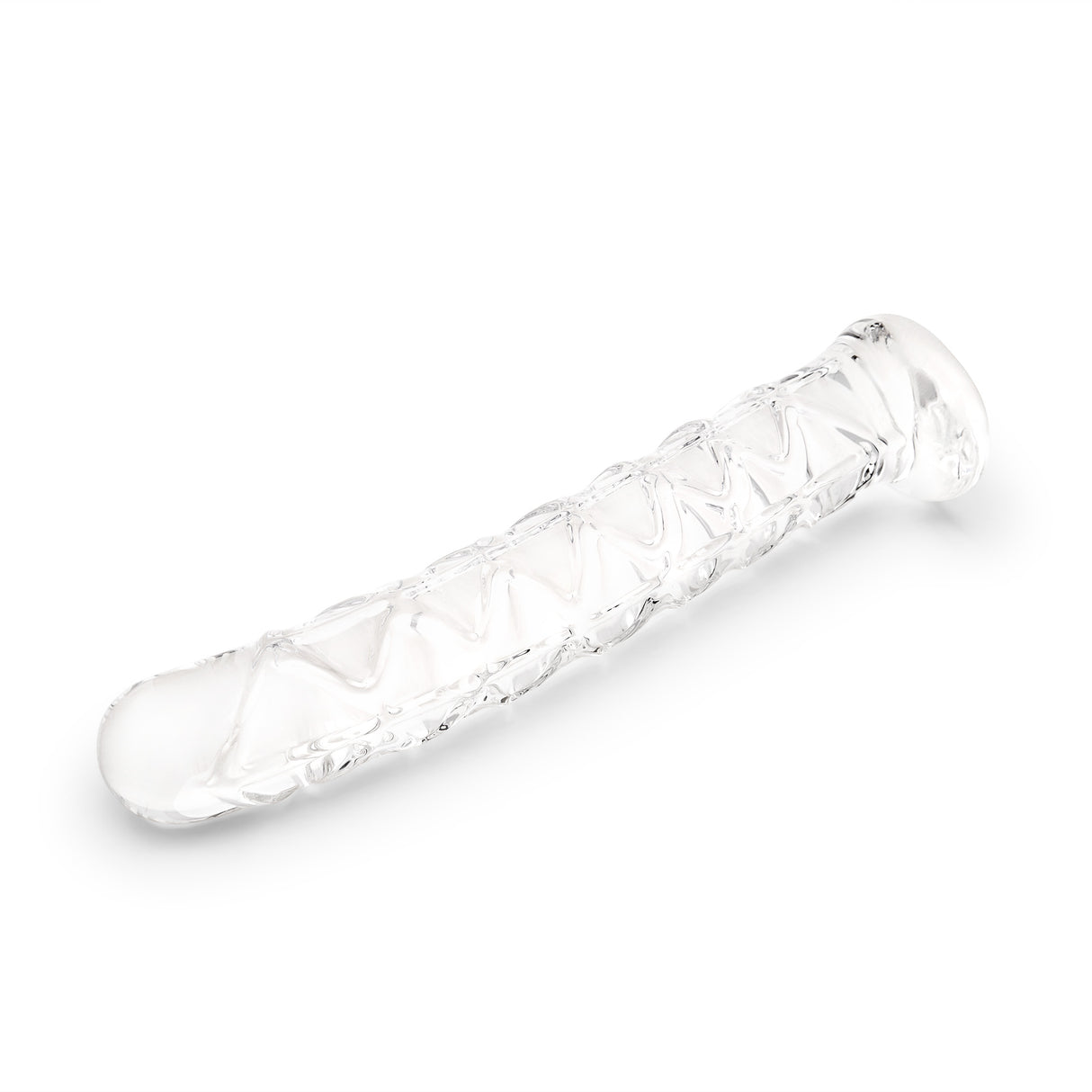 Clear glass Long Textured Glass Dildo on a white background