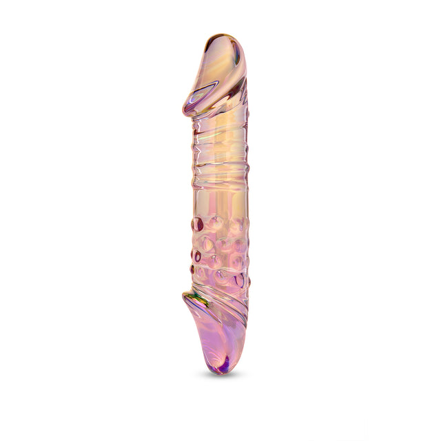Multicolored Girthy Dual-Ended Glass Dildo featuring realistic rounded tips at both ends on a white background