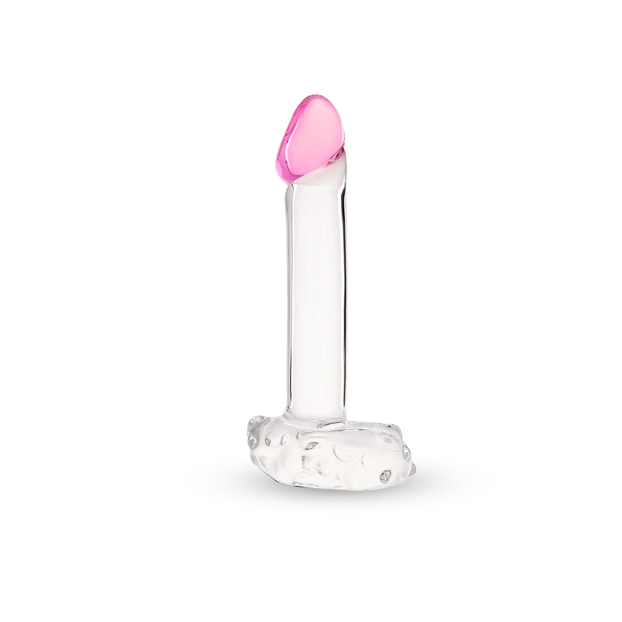 Realistic Glass Dildo with Textured Base,  Smooth Base and Pink Tip on a white background