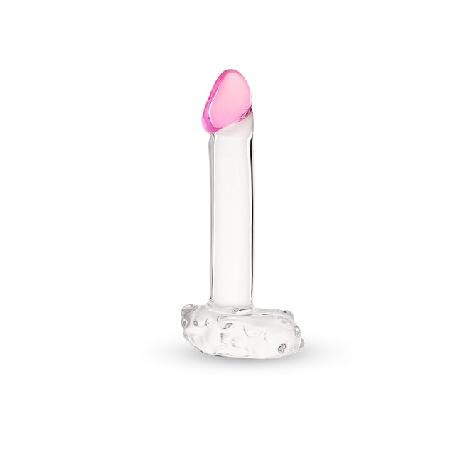 Realistic Glass Dildo with Textured Base,  Smooth Base and Pink Tip on a white background