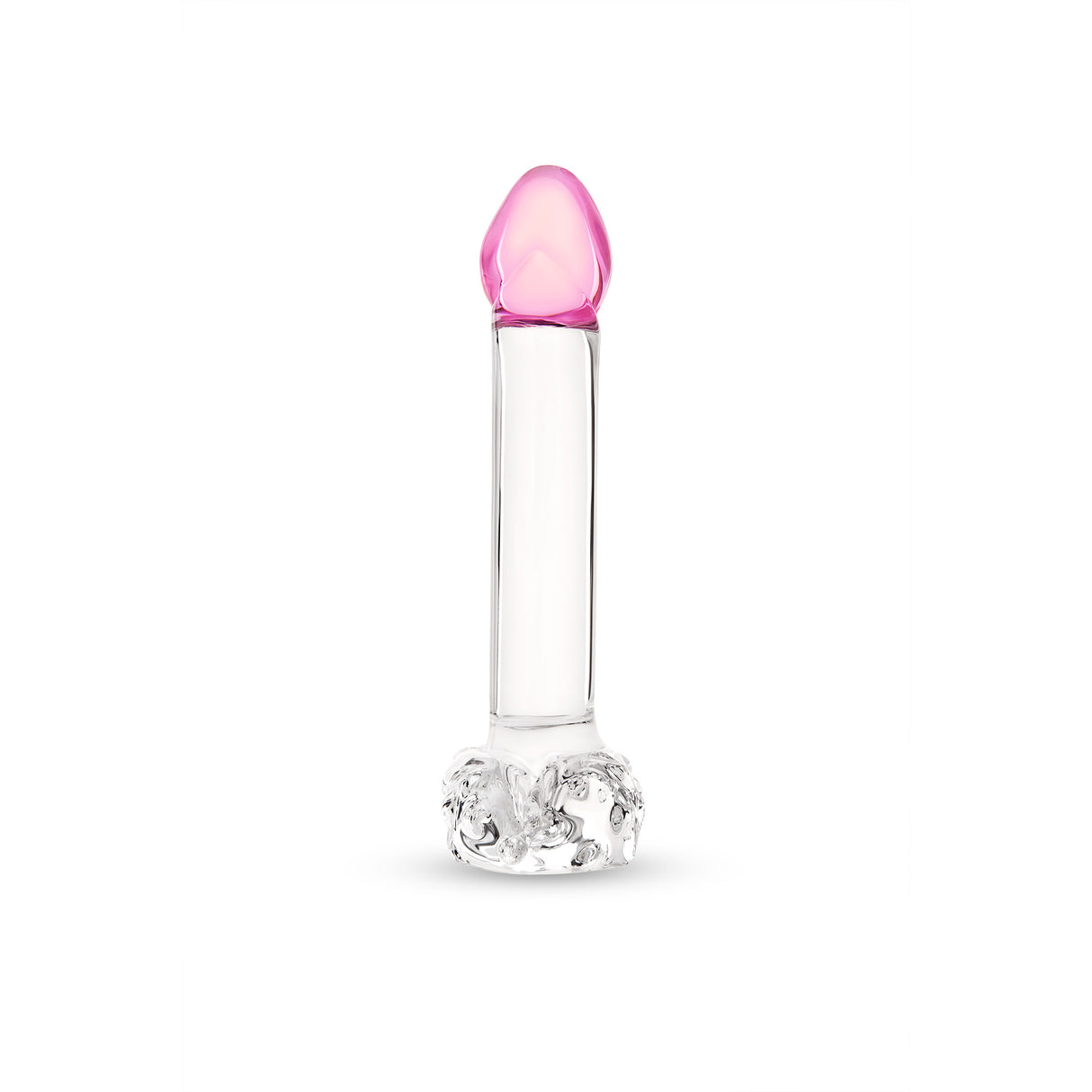 Realistic Glass Dildo with Textured Base,  Smooth Base and Pink Tip  on a white background