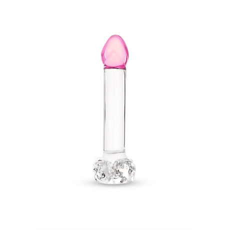 Realistic Glass Dildo with Textured Base,  Smooth Base and Pink Tip  on a white background