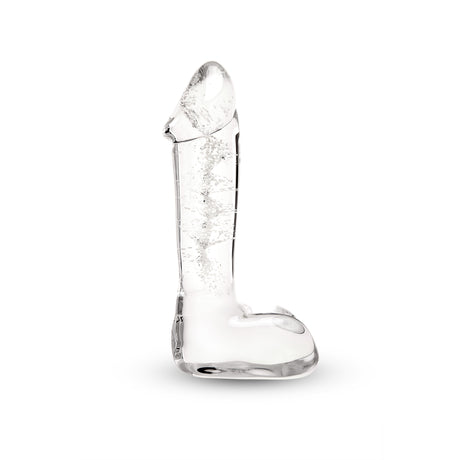Glow-in-the-Dark lifelike Glass Dildo with swirl pattern on a white background