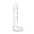 Textured Curved Glass Dildo with rounded smooth tip and textured shaft on a white background