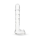 Textured Curved Glass Dildo with rounded smooth tip and textured shaft on a white background