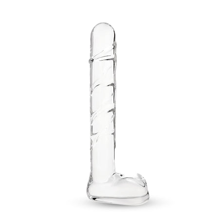 Textured Curved Glass Dildo with rounded smooth tip and textured shaft on a white background