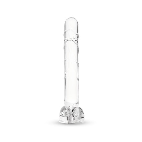 Textured Curved Glass Dildo with rounded smooth tip and textured shaft standing against a white background