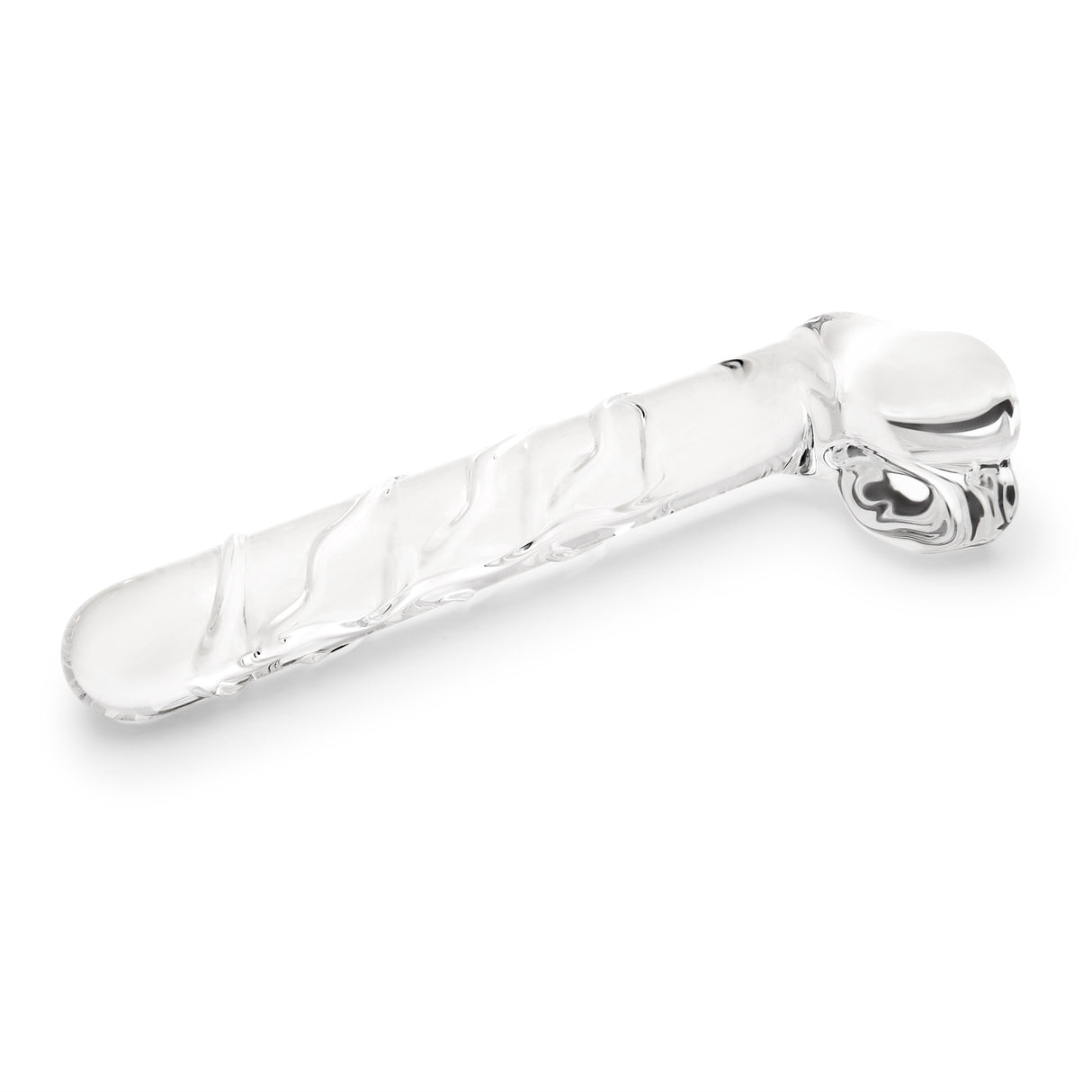 Textured Curved Glass Dildo with rounded smooth tip and textured shaft on a white background