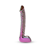  Iridescent Glass Dildo with smooth tip, fully rigged shaft standing against a white background