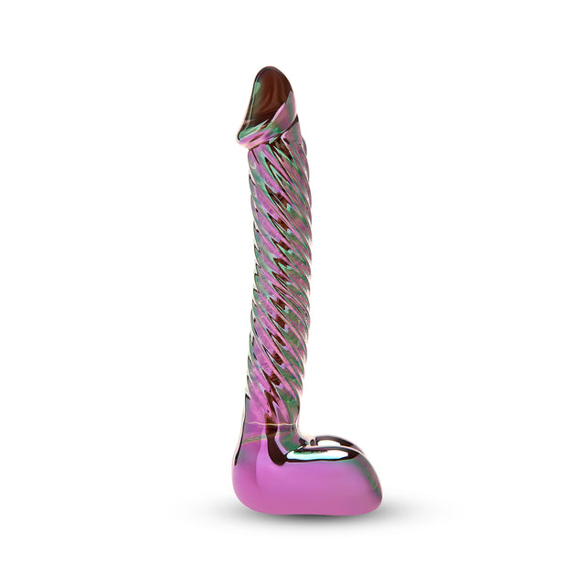  Iridescent Glass Dildo with smooth tip, fully rigged shaft standing against a white background