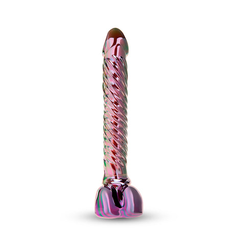 Iridescent Glass Dildo with smooth tip, fully rigged shaft standing against a white background