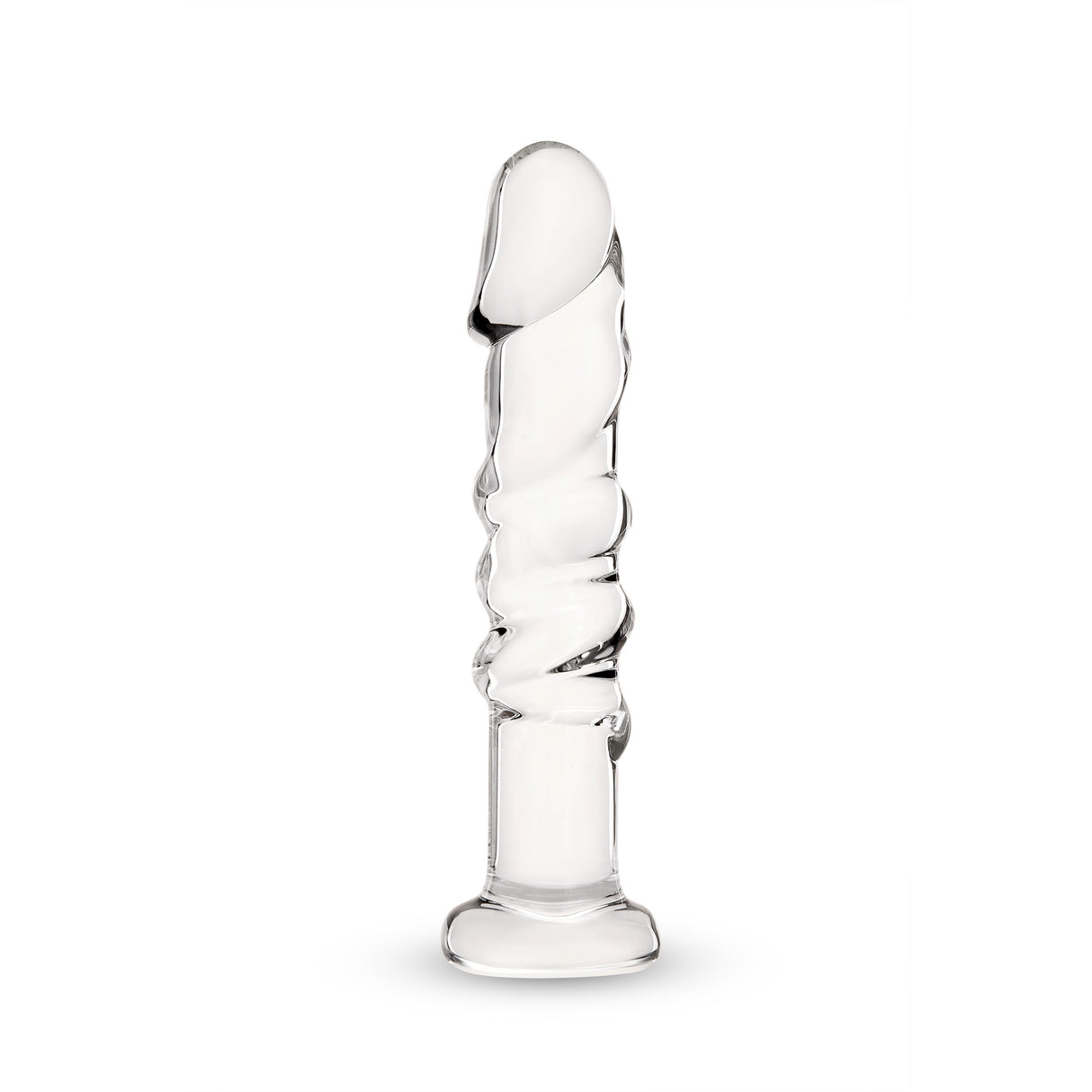 Textured Curved Glass Dildo with twisted design on a white background