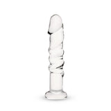 Textured Curved Glass Dildo with twisted design on a white background