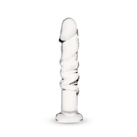 Textured Curved Glass Dildo with twisted design on a white background