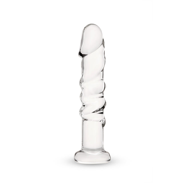 Textured Curved Glass Dildo with twisted design on a white background