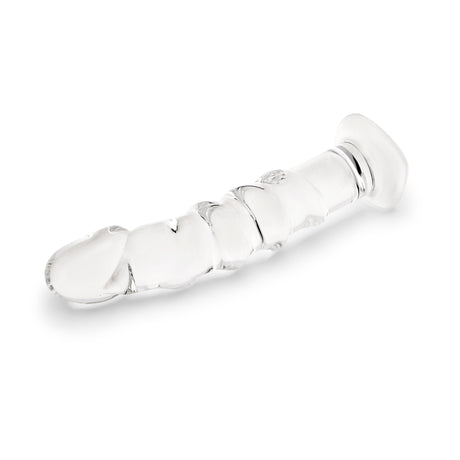 Textured Curved Glass Dildo with a realistic tip on a white background
