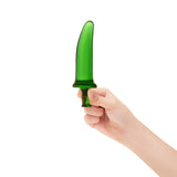 Hand holding a Green Jalapeño Glass Dildo against a white background