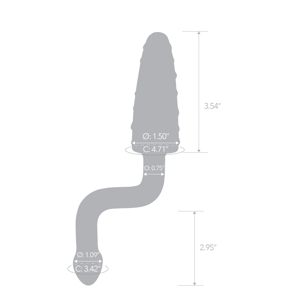 Gray silhouette of an anal toy with measurements on a white background