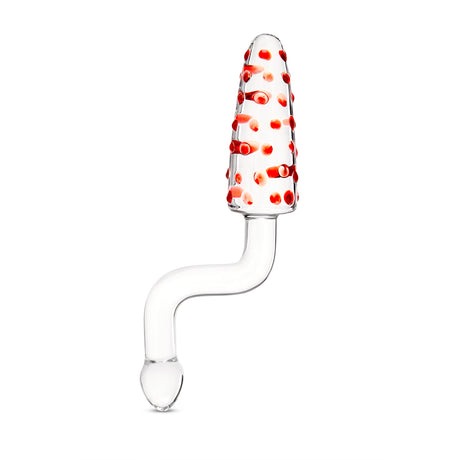 Dual-Ended Glass Anal Toy  with red and white design, teardrop shaped body with a nubbed tip on a white background