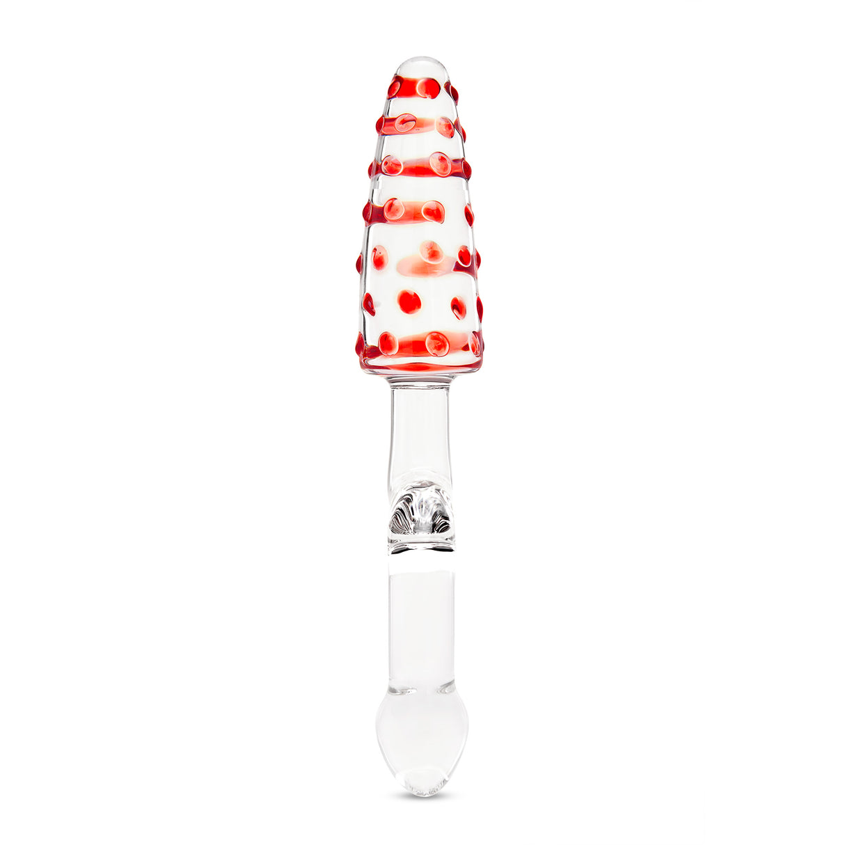 Dual-Ended Glass Anal Toy  with red and white design, teardrop shaped body with a nubbed tip on a white background