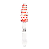 Dual-Ended Glass Anal Toy  with red and white design, teardrop shaped body with a nubbed tip on a white background