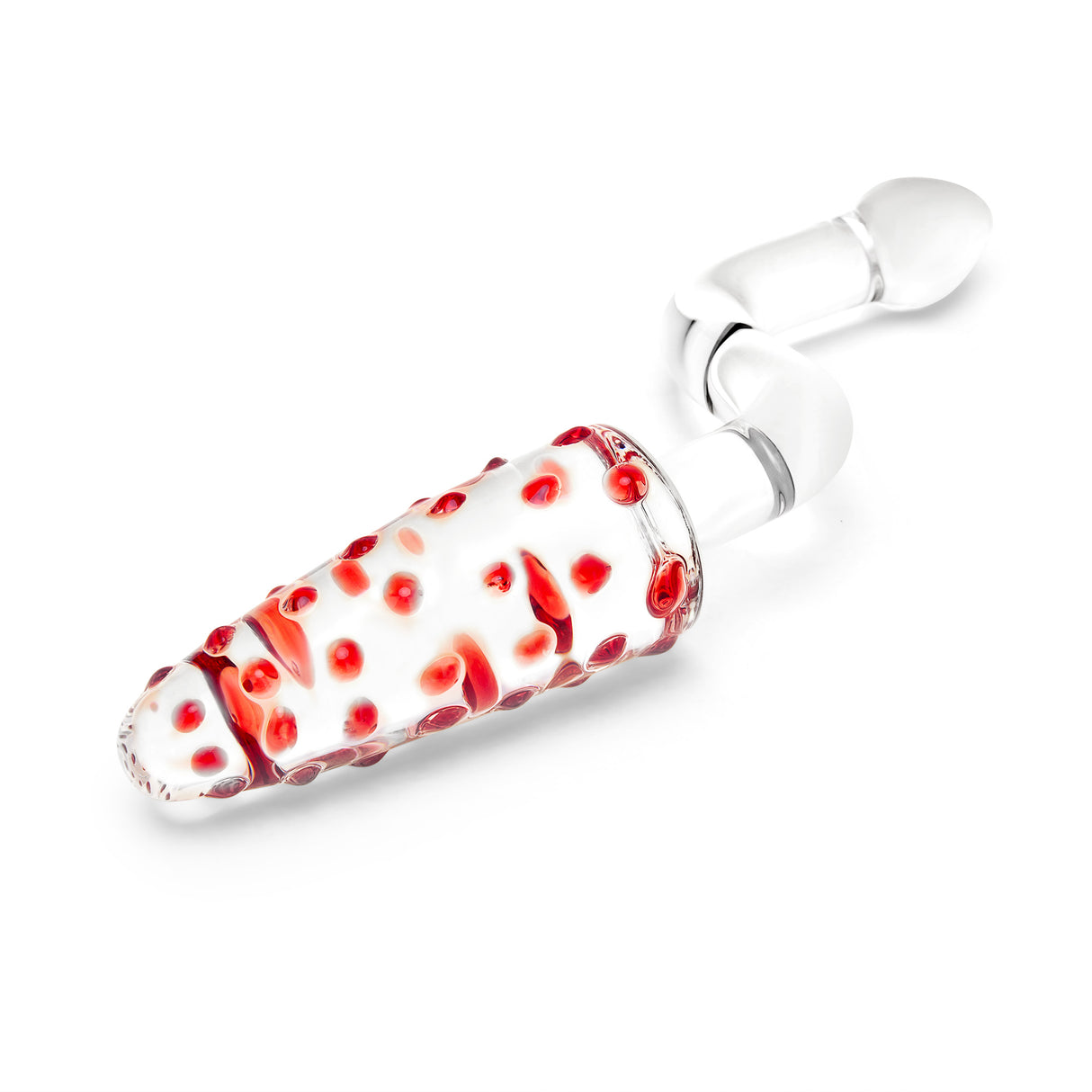 Dual-Ended Glass Anal Toy  with red and white design, teardrop shaped body with a nubbed tip on a white background