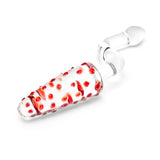 Dual-Ended Glass Anal Toy  with red and white design, teardrop shaped body with a nubbed tip on a white background