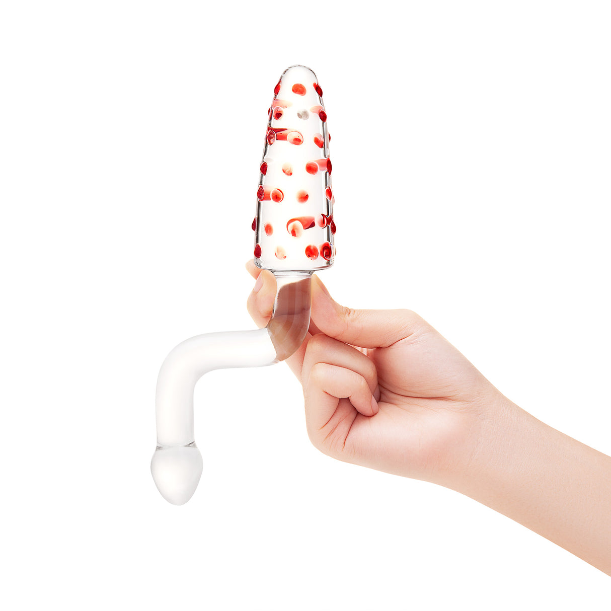 Hand holding a Dual-Ended Glass Anal Toy  with red and white design, teardrop shaped body with a nubbed tip against a white background