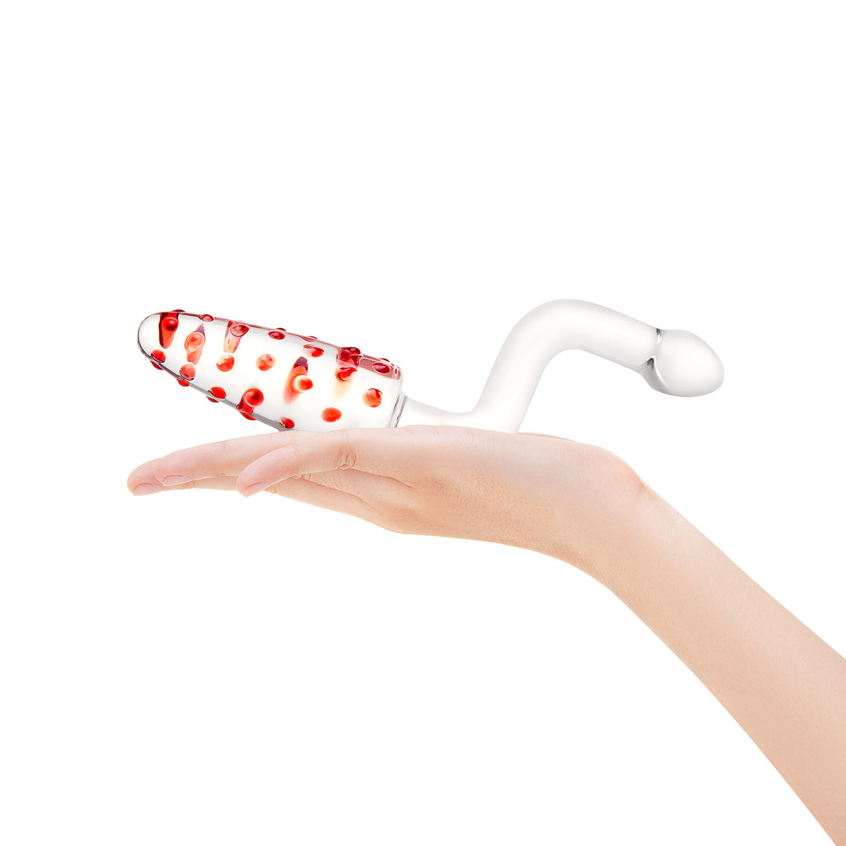 Dual-Ended Glass Anal Toy  with red and white design, teardrop shaped body with a nubbed tip held in a hand on a white background