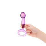 Hand holding a Purple Teardrop Tip & Ring Base dildo against a white background
