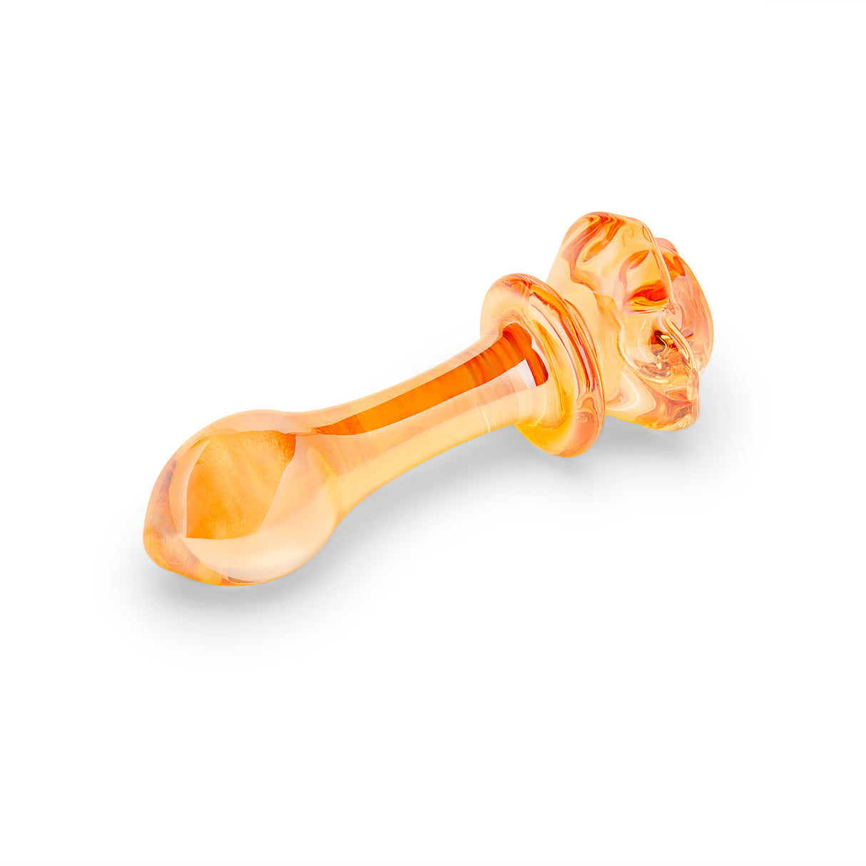 Orange teardrop shaped tip with rosebud base butt plug  on a white background on a white background