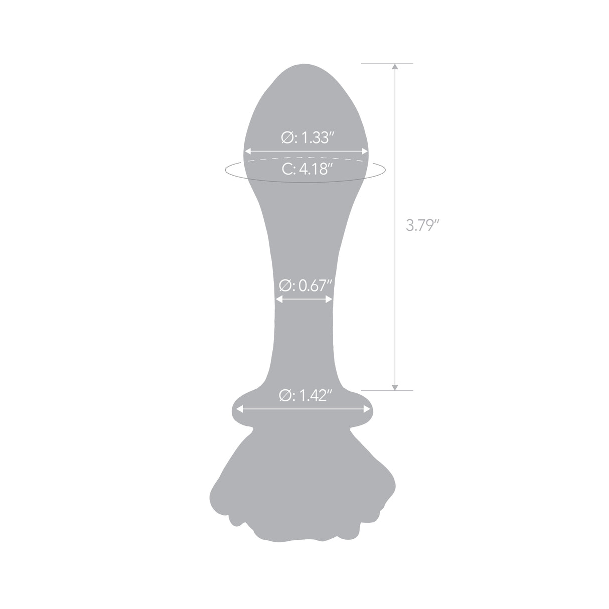 Gray silhouette of Pink Rosebud Glass Butt Plug  with measurements on a white background