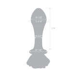 Gray silhouette of Pink Rosebud Glass Butt Plug  with measurements on a white background