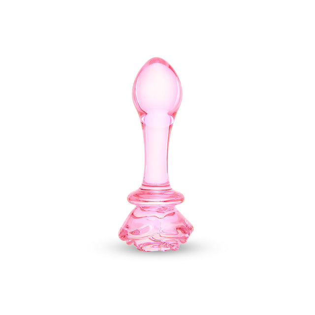 Pink Rosebud Glass Butt Plug on a white background