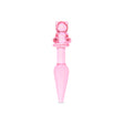 Pink glass anal plug with a bear-shaped base and tapered smooth tip on a white background