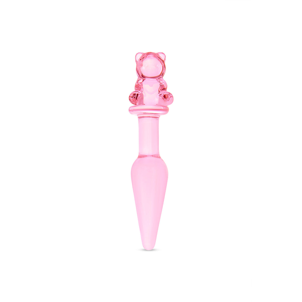 Pink glass anal plug with a bear-shaped base and tapered smooth tip on a white background