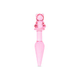 Pink glass anal plug with a bear-shaped base and tapered smooth tip on a white background