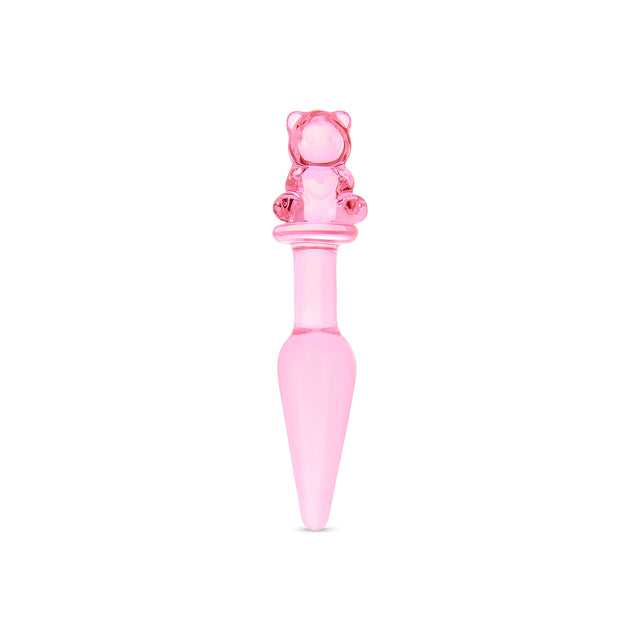 Pink glass anal plug with a bear-shaped base and tapered smooth tip on a white background