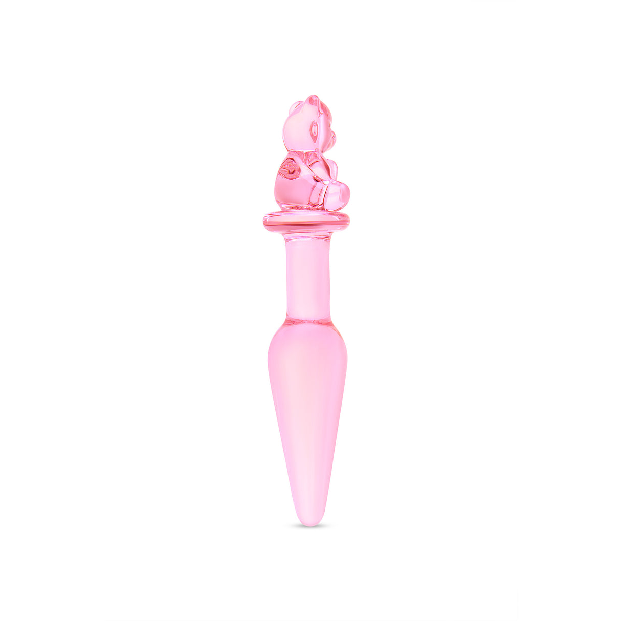Side view of a Pink glass anal plug with a bear-shaped base and tapered smooth tip on a white background