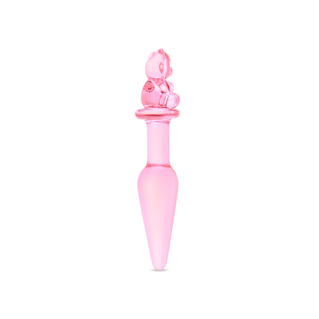 Side view of a Pink glass anal plug with a bear-shaped base and tapered smooth tip on a white background