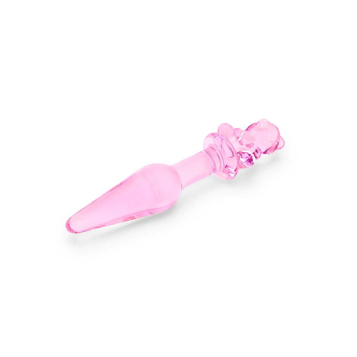 Pink glass anal plug with a bear-shaped base and tapered smooth tip on a white background