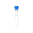 Clear glass butt plug with a blue heart-shaped base, slim neck and smooth tapered tip on a white background