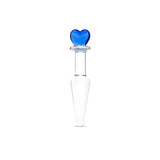 Clear glass butt plug with a blue heart-shaped base, slim neck and smooth tapered tip on a white background